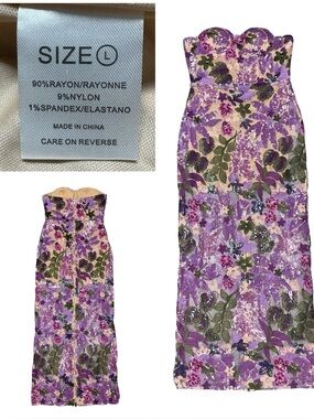 Strapless Sequin Floral Maxi Dress Back Zip Column Silhouette Purple Green